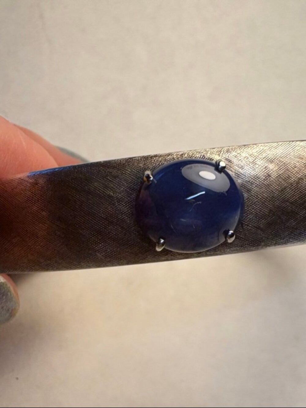 Sterling Silver Hinged Bangle Bracelet Blue Star Sapphire Cabochon